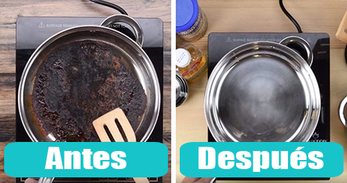 Antes y después de limpiar una sartén quemada